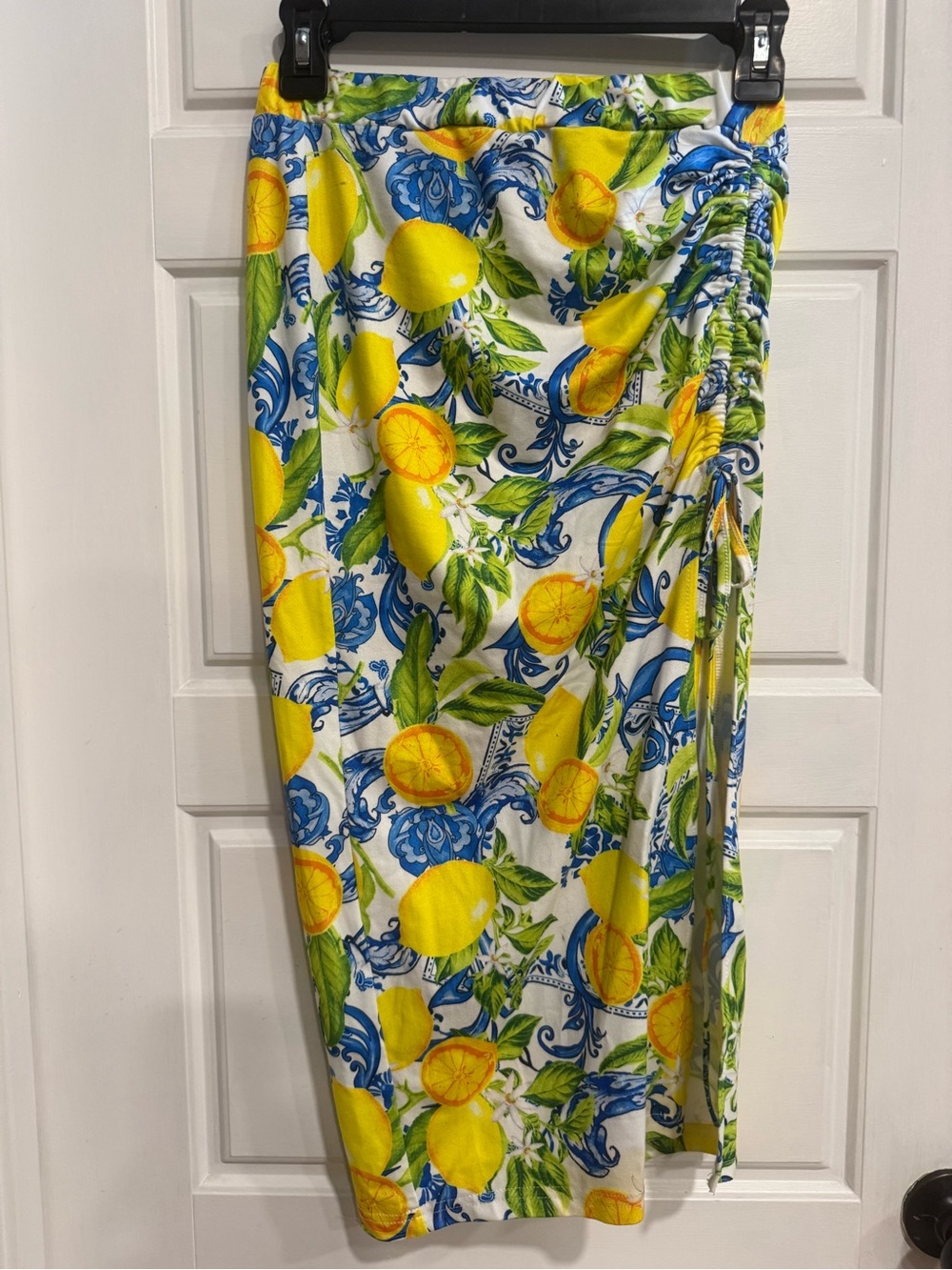 Lemon Blue Tile Print Ruched Side Slit Midi Skirt XS Mediterranean Coastal